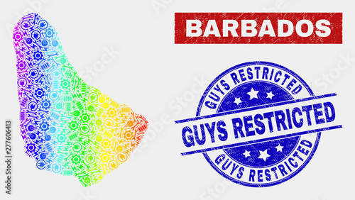 Engineering Barbados map and blue Guys Restricted grunge seal stamp. Spectrum gradient vector Barbados map mosaic of productivity elements. Blue round Guys Restricted stamp.