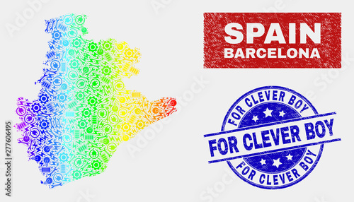Service Barcelona Province map and blue For Clever Boy textured stamp. Spectrum gradient vector Barcelona Province map mosaic of production. Blue rounded For Clever Boy stamp.