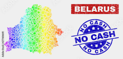 Industrial Belarus map and blue No Cash grunge seal stamp. Colorful gradiented vector Belarus map mosaic of tools units. Blue round No Cash seal.