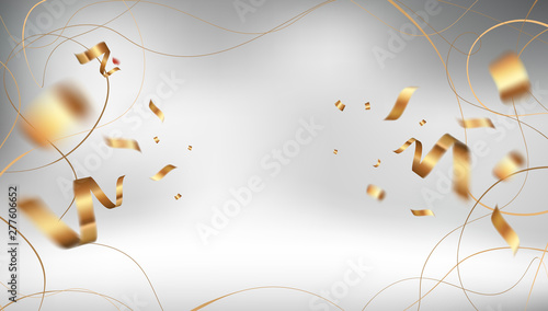 Golden ribbon vector background design with flying confetti of gold. Elegant festive decoration template