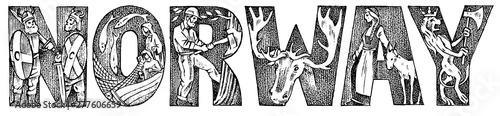 Inscription Denmark in vintage style. Ancient antique Uppercase letters monograms with an ornament. Double exposure. Hand drawn engraved sketch.