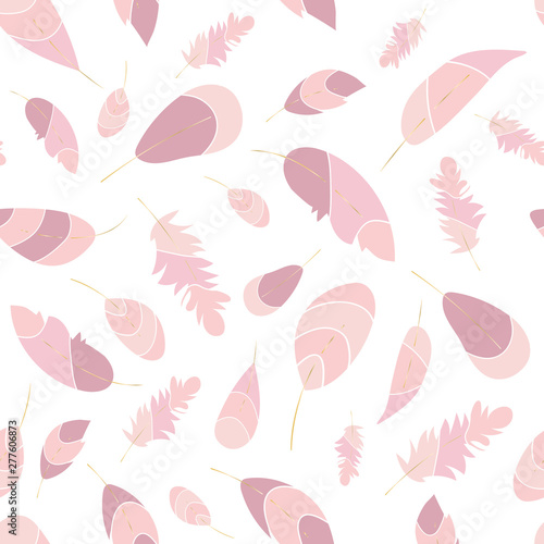 Vdector seamless pattern with pink hand drawn feathers. Soft colors. Romantic, elegant print,texture,walppaper,background.