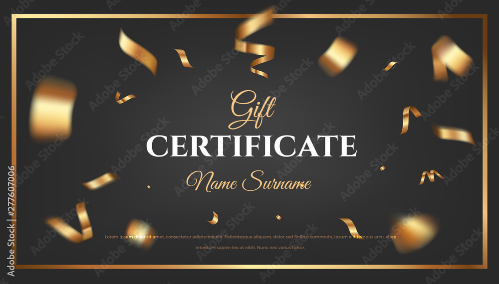 Gift certificate vector design. Black golden background with flying gold confetti. Elegant festive decoration, gift card or web banner template Gift certificate vector design. Black golden background with flying gold confetti. Elegant festive decoration, gift card or web banner template