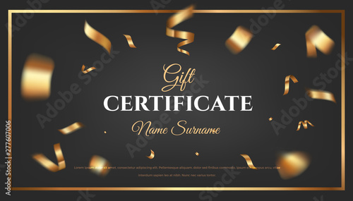 Gift certificate vector design. Black golden background with flying gold confetti. Elegant festive decoration, gift card or web banner template