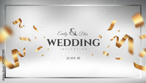 Luxury wedding invitation vector design. White golden background with flying gold confetti. Elegant festive decoration, gift card or banner template