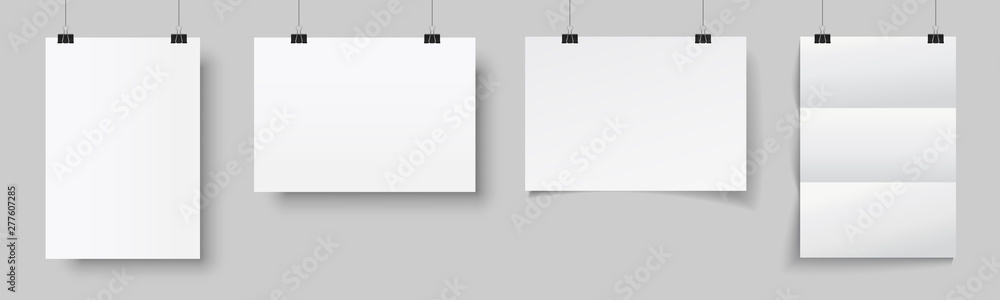 Four blank posters hanging with shadows. White hanging white paper on binders. A4 paper page, mockup, sheet on wall - stock vector - obrazy, fototapety, plakaty 
