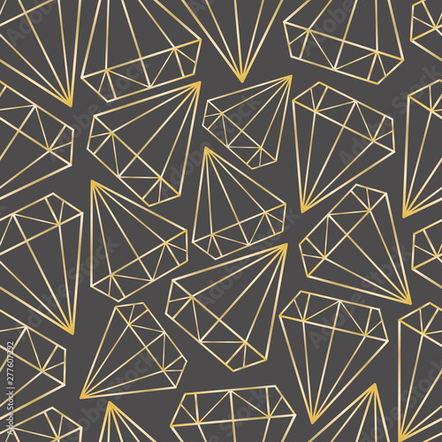 Vector seamless pattern with gold contours of diamonds, gems, crystals. Geometrical print, texture, background