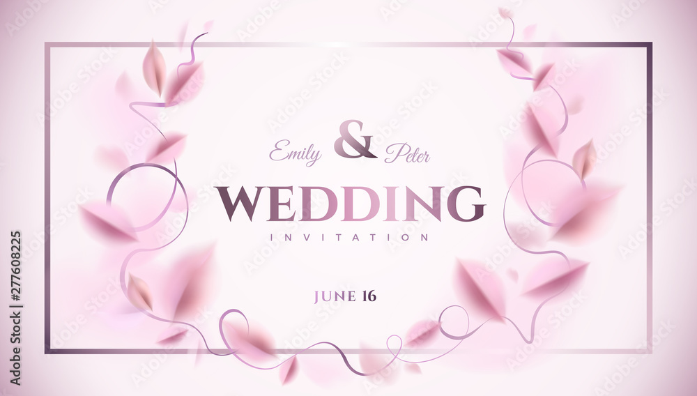 Luxury wedding invitation background with pink leaves and white elegant decoration vector design