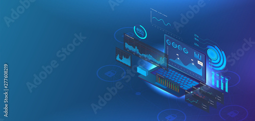Analytics data on isometric laptop. Concept application for laptop. Online Statistics and Analysis digital money market. Landing page template.  3D Isometric laptop illustration. Vector web page