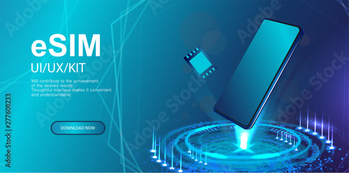 eSIM concept. Holographic projection wite smartphones. eSIM card chip sign. New mobile communication technology. Webpage design, eSIM hologram. Vector illustration. Mockup web page