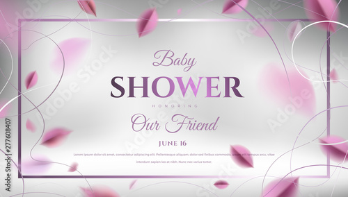 Baby shower background with pink silk leaves and ornate decoration
