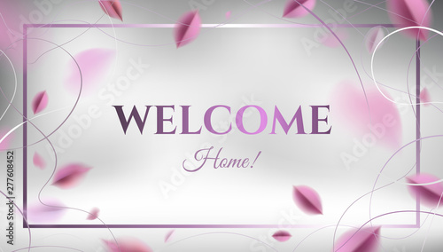 Welcome Home banner background with pink leaves and white elegant decoration vector design