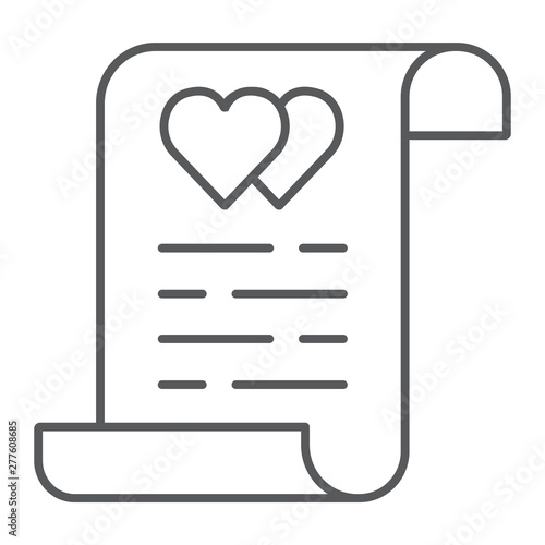 Marriage contract thin line icon, document and agreement, marriage insurance sign, vector graphics, a linear pattern on a white background.
