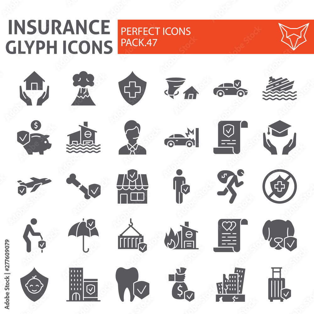 Insurance glyph icon set, healthcare symbols collection, vector sketches, logo illustrations, life and business protection signs solid pictograms package isolated on white background.