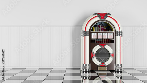 Foto Retro jukebox on white wood planks wall and checker black white floor