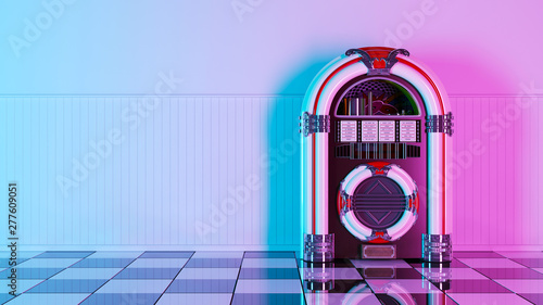 Neon retro jukebox on white wood planks wall and checker black white floor. 3d. 60s 70s 80s photo
