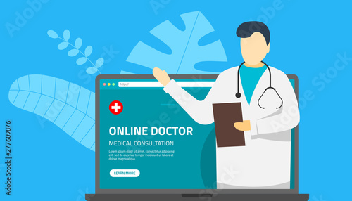 Health care online medical consultation support assistance. Doctor therapist male with stethoscopes on laptop screen. Vector illustration internet consulting hospital service
