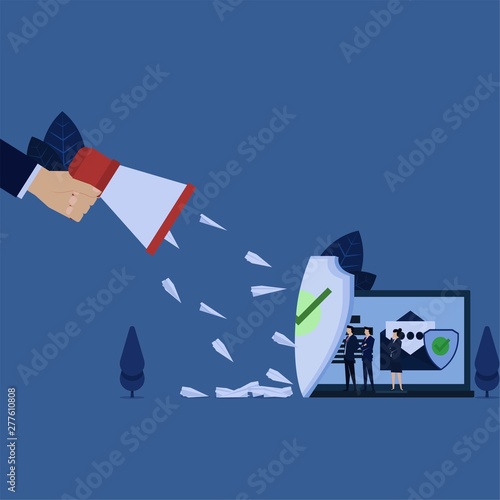 Business megaphone spread out email to laptop spam email protection.