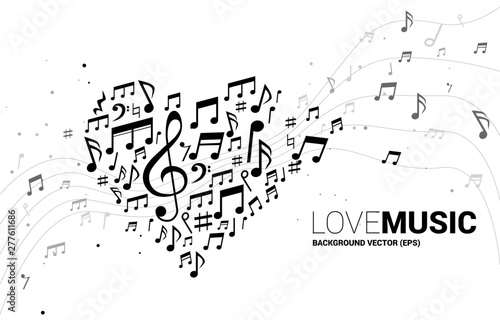 Vector music melody note shaped heart form . Concept background for song and love music concert theme.