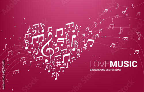 Vector music melody note shaped heart form . Concept background for song and love music concert theme.