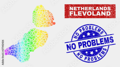 Assemble Flevoland Province map and blue No Problems distress seal. Rainbow colored gradiented vector Flevoland Province map mosaic of service. Blue round No Problems seal.
