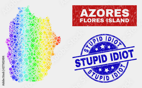 Production Flores Island of Azores map and blue Stupid Idiot textured seal stamp. Spectral gradient vector Flores Island of Azores map mosaic of mechanics items. Blue round Stupid Idiot stamp.