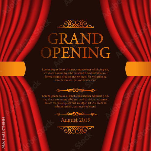 Grand opening party ceremony with illustration of red curtain silk