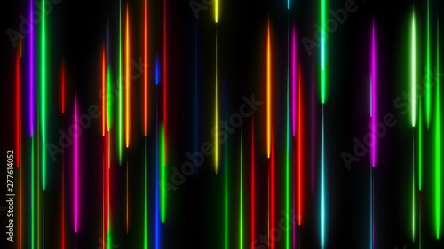 Many vertical neon lighting lines, abstract computer generated backdrop, 3D rendering