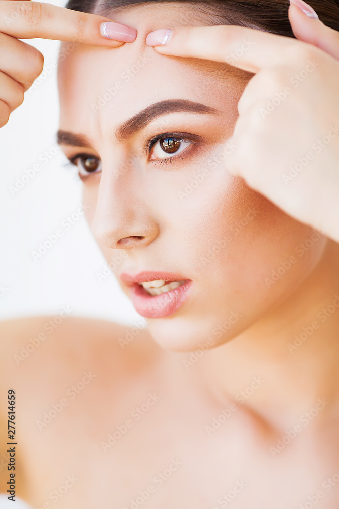 Problem Skin. Woman Crushing Spot On Face And Looking In Mirror Problem Skin. Woman Crushing Spot On Face And Looking In Mirror