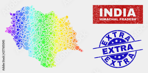 Tools Himachal Pradesh State map and blue Extra textured seal stamp. Rainbow colored gradiented vector Himachal Pradesh State map mosaic of tools parts. Blue rounded Extra seal.