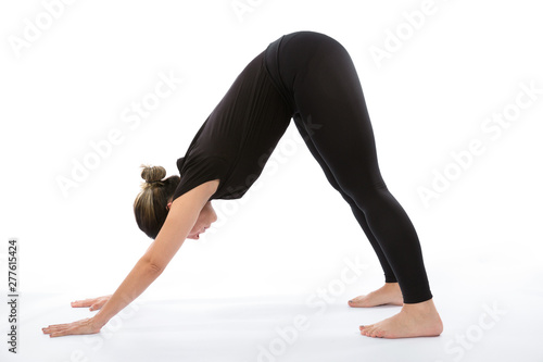 Adho Mukha Svanasana (Downward Dog pose). Yoga poses woman isolated with white background. Yoga pose set. Mindfulness and Spiritually concept. Girl practicing Hatha Yoga asanas