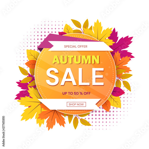Autumn Sale sign with circular motif with text surrounded by colorful leaves for seasonal special offers and 50 percent discount.