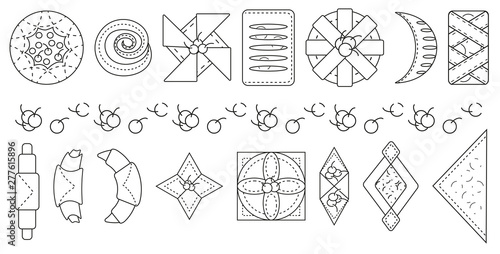 Set of bakery and pastry products in outline style on white backdrop. Croissants, bagels, puffs, roll, buns of puff pastry with fresh berries and jam icons set. Vector pattern for bakeries, cafe, menu