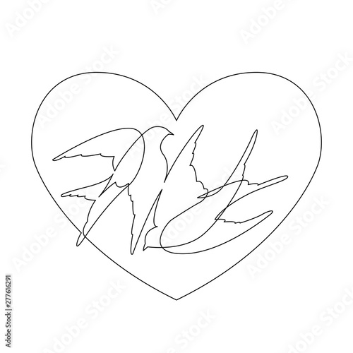 continuous line drawing of couple of two love birds inside heart shape symbol