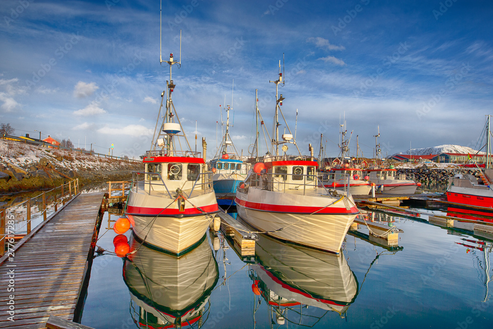 Traditional Norwegian Fishing Village in Lofoten, Norway Shot from Marina at Hamnoy.