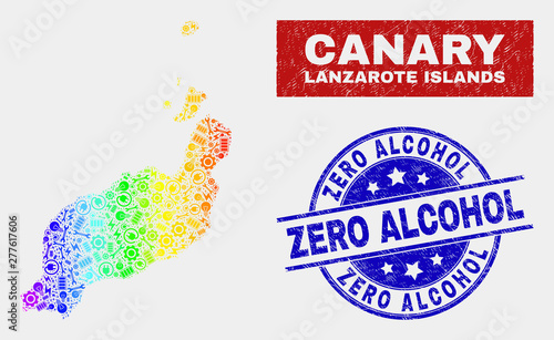 Factory Lanzarote Islands map and blue Zero Alcohol distress seal stamp. Rainbow colored gradiented vector Lanzarote Islands map mosaic of production parts. Blue rounded Zero Alcohol stamp.