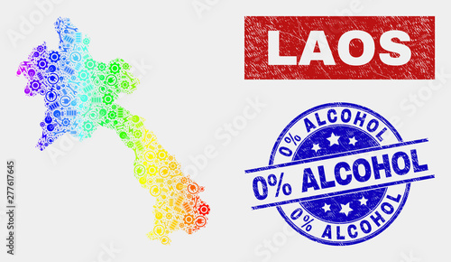 Industrial Laos map and blue 0% Alcohol scratched seal. Spectral gradient vector Laos map mosaic of industrial parts. Blue round 0% Alcohol badge.