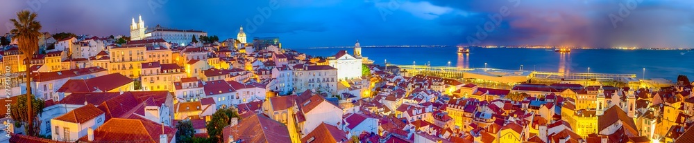 Panorama of The Oldest Alfama District in Lisbon in Portugal. Townscape Scenery Was Made During a Blur Hour.