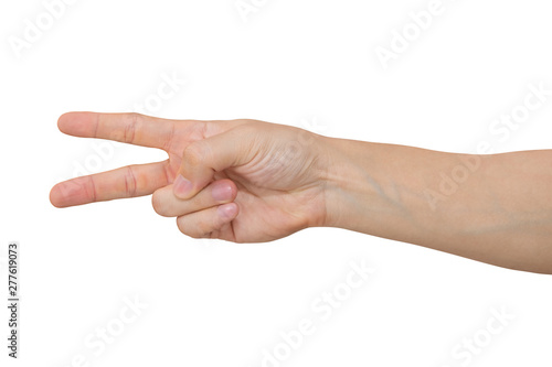 Man hand showing two fingers isolated on white background with clipping path.