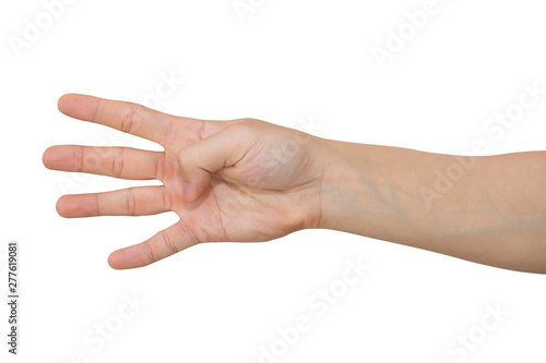 Man hand showing four fingers isolated on white background with clipping path.