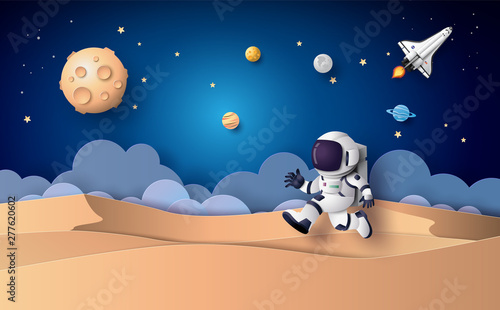 Astronaut on Moon with Stars and Planets