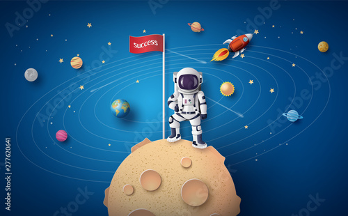 Astronaut Holding Red Flag on Planet