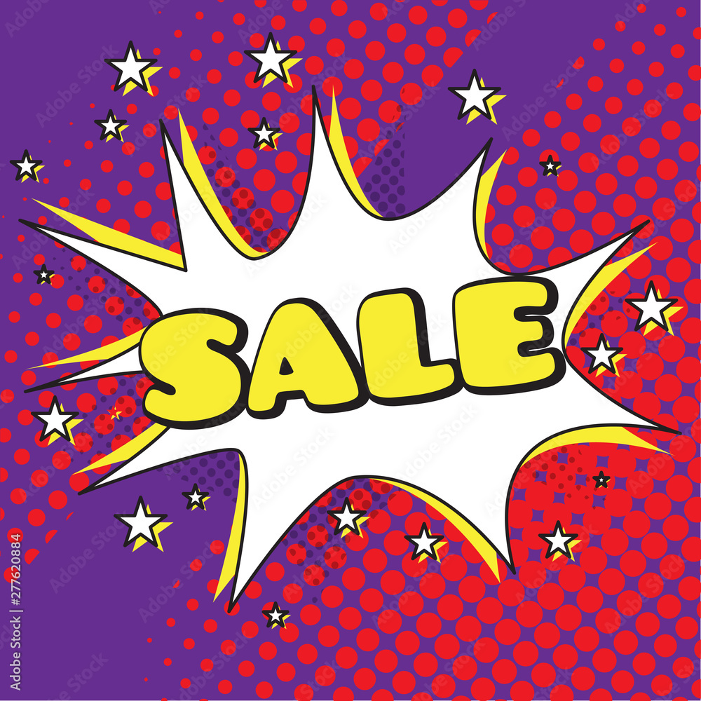 Naklejka Comic bubble chat sale on a halftone background - Vector