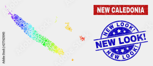 Element New Caledonia Islands map and blue New Look! scratched seal stamp. Spectral gradiented vector New Caledonia Islands map mosaic of production. Blue round New Look! stamp.