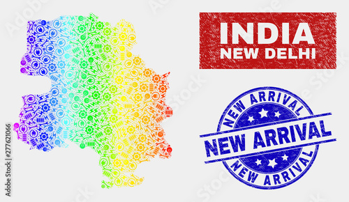 Tools New Delhi City map and blue New Arrival grunge stamp. Spectral gradiented vector New Delhi City map mosaic of equipment units. Blue rounded New Arrival stamp.