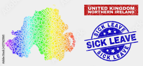 Tools Northern Ireland map and blue Sick Leave scratched seal stamp. Colorful gradiented vector Northern Ireland map mosaic of engineering parts. Blue round Sick Leave seal.