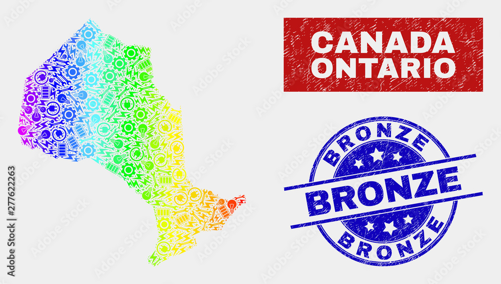 Engineering Ontario Province map and blue Bronze textured seal stamp. Rainbow colored gradiented vector Ontario Province map mosaic of machinery. Blue rounded Bronze stamp.