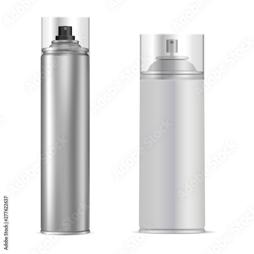 Spray Can. Aluminum Aerosol Tube. Vector Bottle. Antiperspirant or Hairspray Packaging Template. Cylinder Container for Paint, Graffiti. Shiny Air Freshener Design. Silver Tin Mock Up