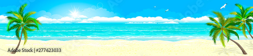 Tropical sandy beach and ocean 1. Panorama of a tropical sandy beach. Ocean coast. Landscape of the tropical coast. Sea shore landscape. Ocean, sky, sun and sand