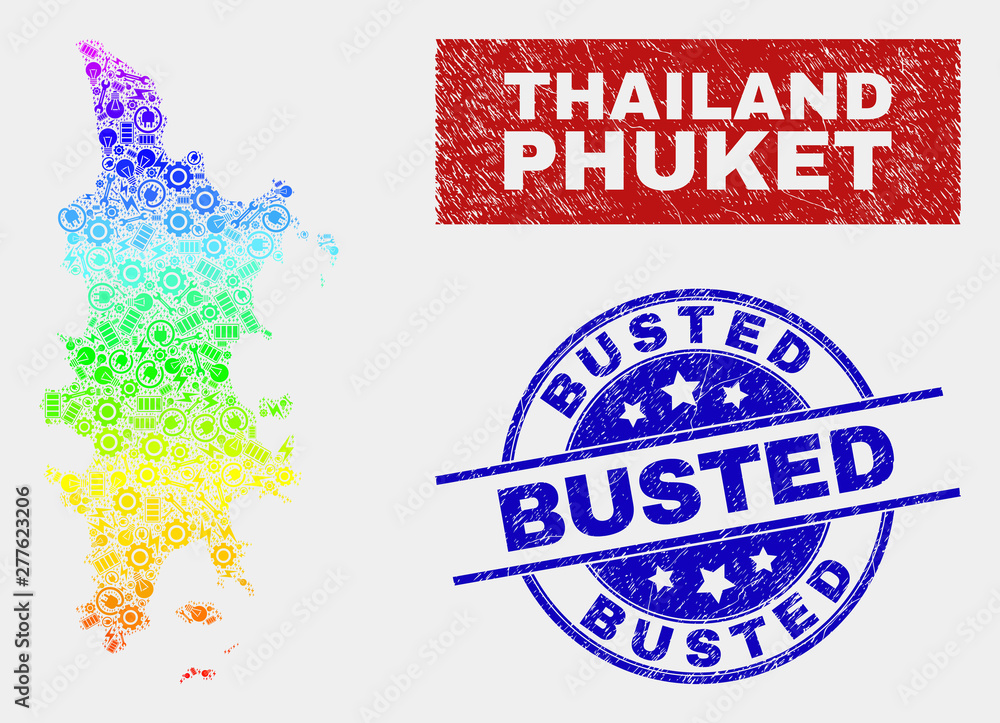Service Phuket map and blue Busted grunge seal. Rainbow colored gradient vector Phuket map mosaic of service parts. Blue rounded Busted badge.